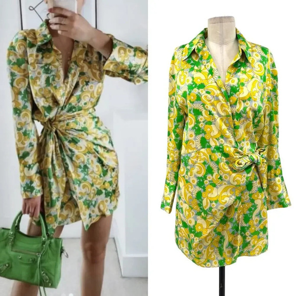Zara Green Yellow Floral Print Satin Wrap Mini Dress Size‎ Medium - Picture 1 of 15